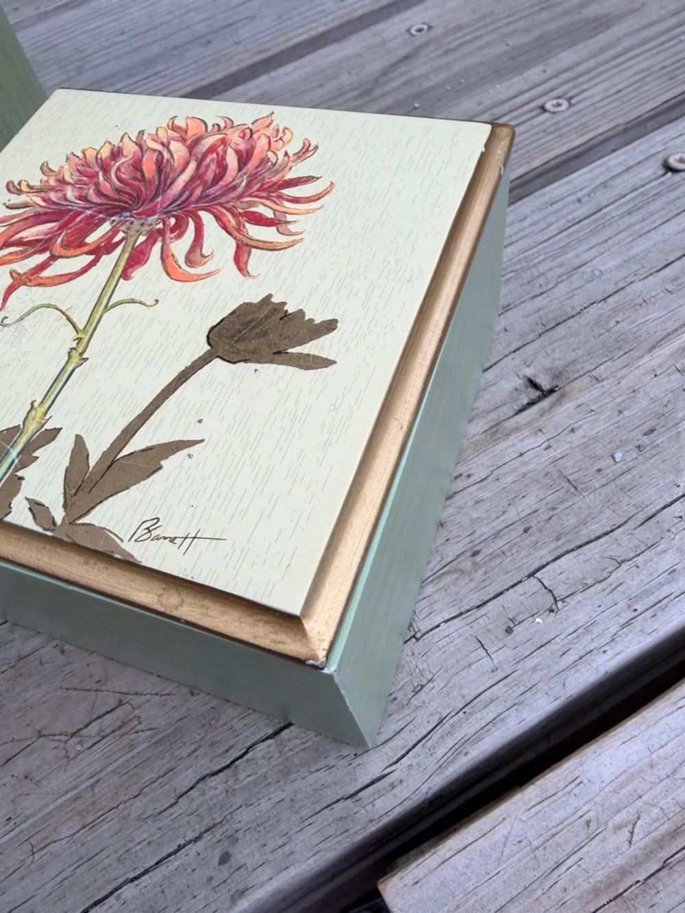 Signed Hand Painted Floral Tissue Box‎ Cover & Trinket Box Set Sage Green Gold
